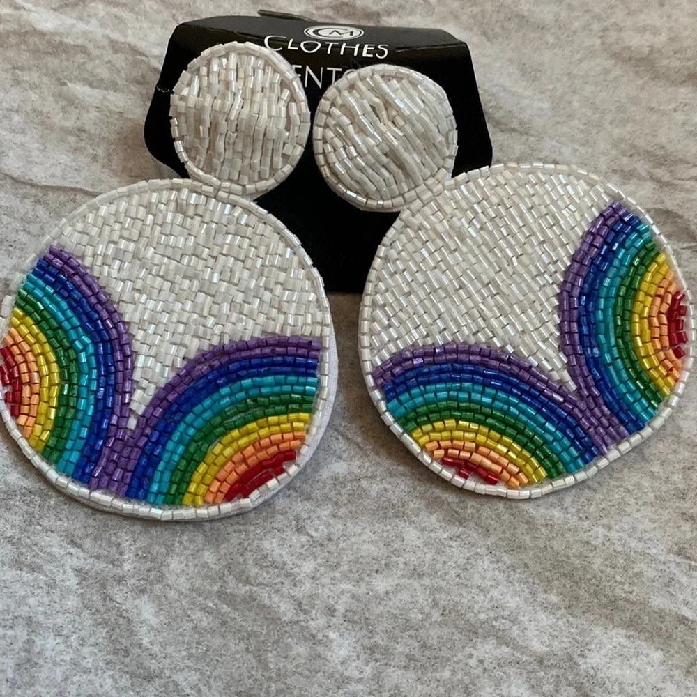 COLORFUL large beaded‎ rainbow circle post dangle drop earrings